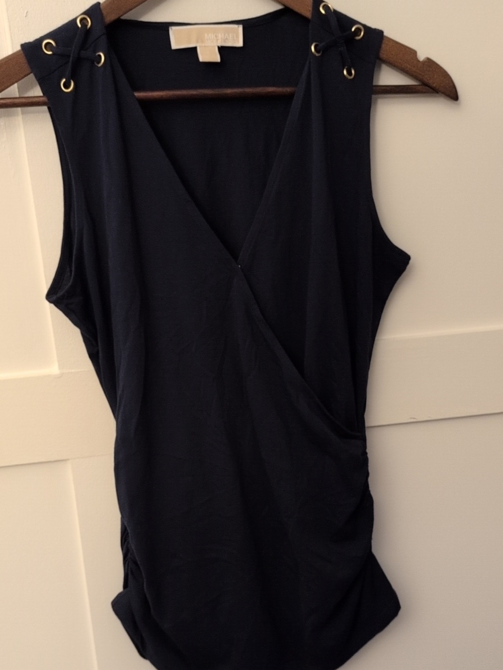 Michael Kors Navy Sleeveless Wrap-Style Tank with Gold Eyelets